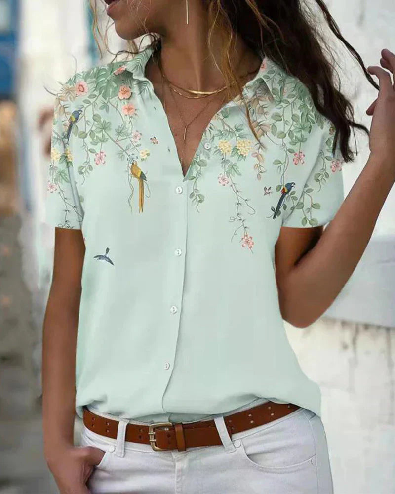 Dames Blouse Korte Mouw Knoopsluiting Klassieke Kraag Luchtig en Elegant
