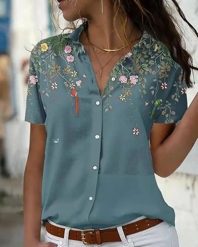 Dames Blouse Korte Mouw Knoopsluiting Klassieke Kraag Luchtig en Elegant