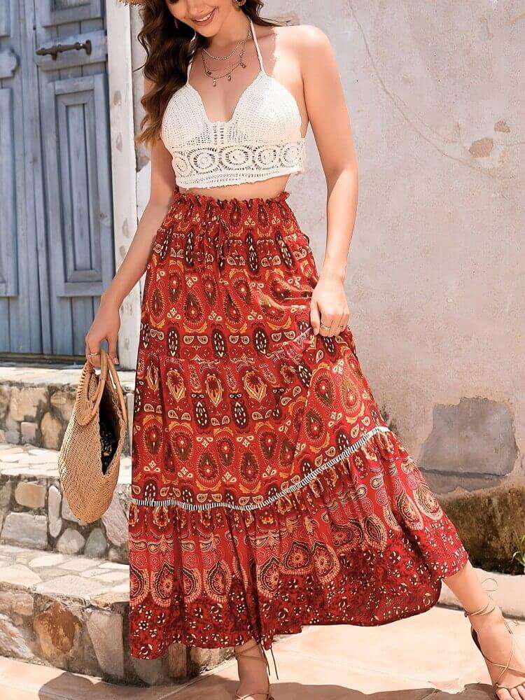 Dames Maxirok Bohemian Print Volledig Gevoerd Elastische Tailleband Vloeiend Model