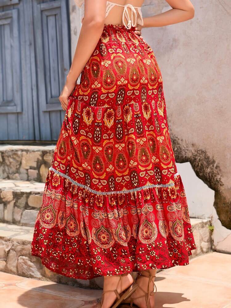 Dames Maxirok Bohemian Print Volledig Gevoerd Elastische Tailleband Vloeiend Model