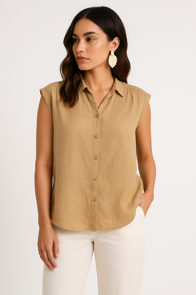 Dames Blouse Zonder Mouwen Katoen Linnen Relaxed Fit Knoopsluiting Kraag