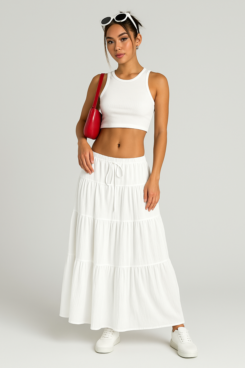 Dames Maxi Rok Katoenmix A lijn Gelaagde Look Verstelbare Tailleband