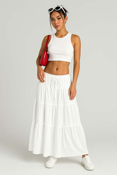 Dames Maxi Rok Katoenmix A lijn Gelaagde Look Verstelbare Tailleband