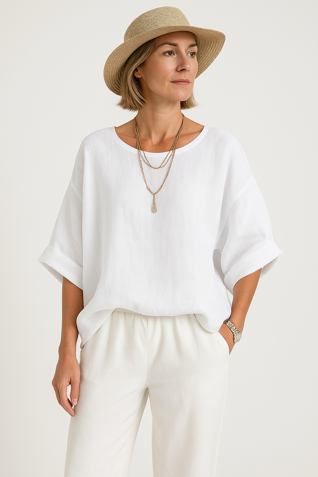 Dames Blouse Oversized Pasvorm Katoen Linnen Ronde Hals Lage Schoudernaden