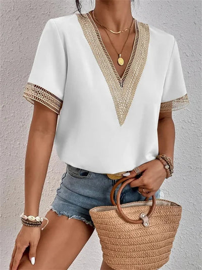 Dames Blouse V hals met Kant Korte Mouwen Losvallend en Elegant