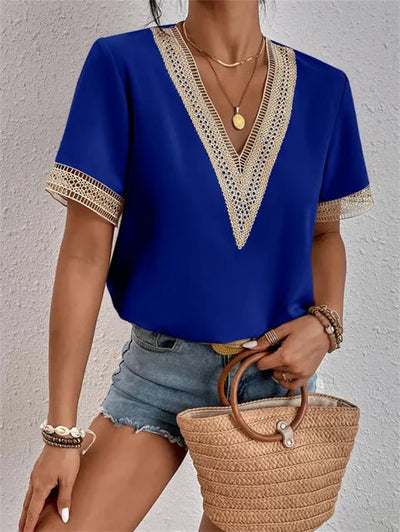 Dames Blouse V hals met Kant Korte Mouwen Losvallend en Elegant