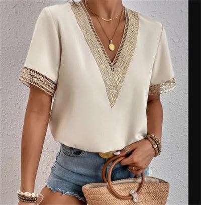 Dames Blouse V hals met Kant Korte Mouwen Losvallend en Elegant