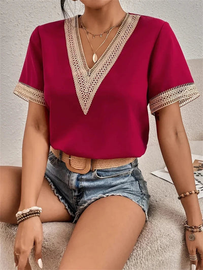 Dames Blouse V hals met Kant Korte Mouwen Losvallend en Elegant