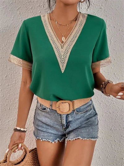 Dames Blouse V hals met Kant Korte Mouwen Losvallend en Elegant