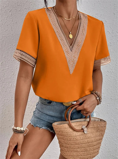 Dames Blouse V hals met Kant Korte Mouwen Losvallend en Elegant