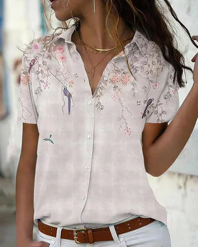 Dames Blouse Korte Mouw Knoopsluiting Klassieke Kraag Luchtig en Elegant