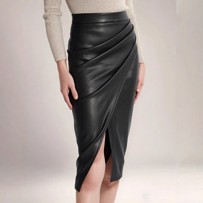 Dames Kokerrok Hoge Taille Midi Lengte Drapering Split Imitatieleer