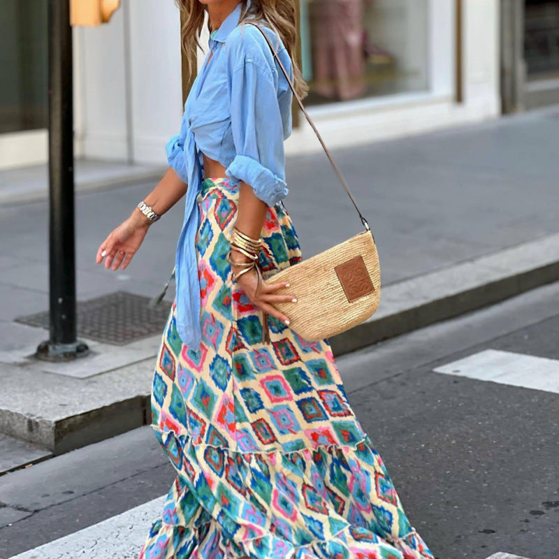 Dames Maxi Rok Lichtgewicht Wijd Uitlopend Gelaagd Geometrische Print