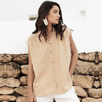 Dames Blouse Zonder Mouwen Katoen Linnen Relaxed Fit Knoopsluiting Kraag