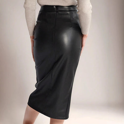 Dames Kokerrok Hoge Taille Midi Lengte Drapering Split Imitatieleer