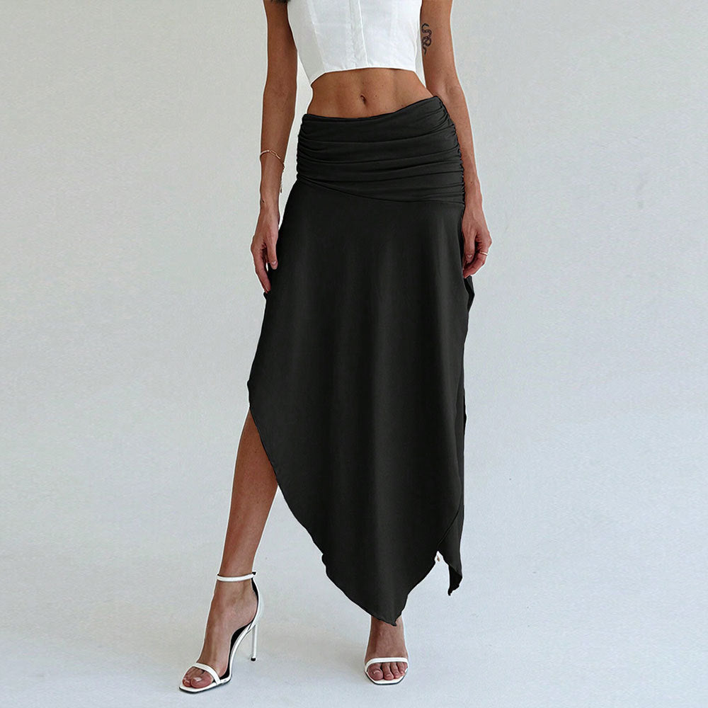 Dames Midi Rok Getailleerd Model Satijnlook Asymmetrische Zoom Ruches Taille