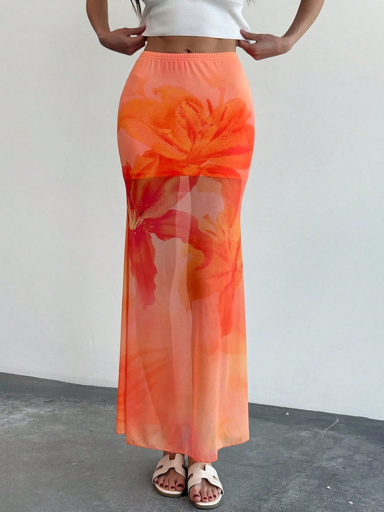 Dames Lange Rok Mesh Stof Mermaid Pasvorm Transparante Bloemenprint Enkel Lengte