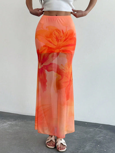 Dames Lange Rok Mesh Stof Mermaid Pasvorm Transparante Bloemenprint Enkel Lengte