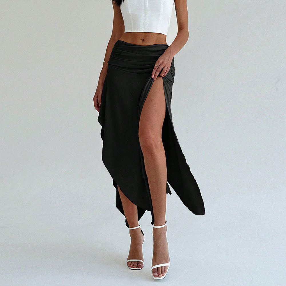 Dames Midi Rok Getailleerd Model Satijnlook Asymmetrische Zoom Ruches Taille