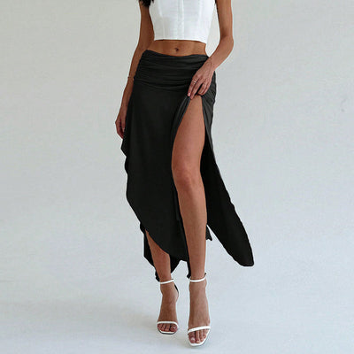 Dames Midi Rok Getailleerd Model Satijnlook Asymmetrische Zoom Ruches Taille