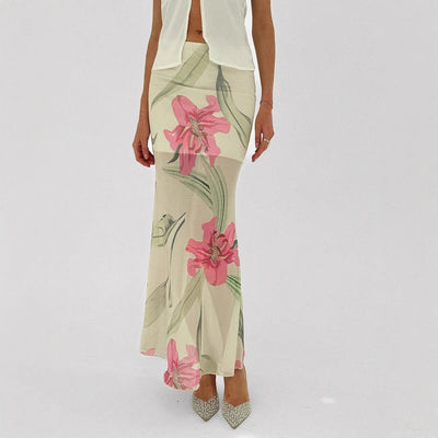 Dames Lange Rok Mesh Stof Mermaid Pasvorm Transparante Bloemenprint Enkel Lengte