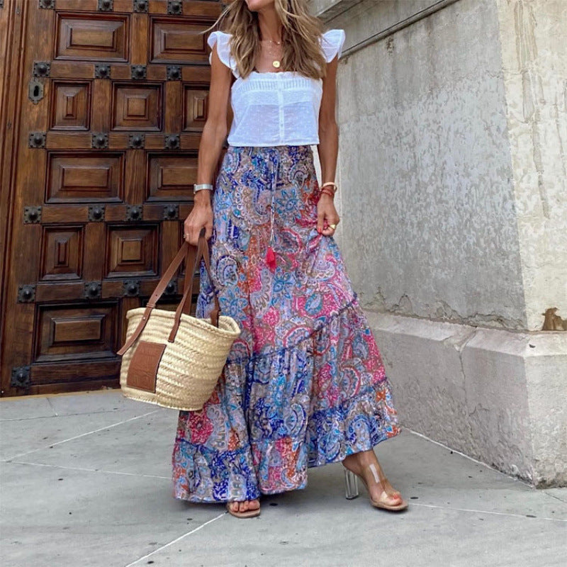 Dames Maxi Rok Bohemian Print Luchtige Pasvorm Gelaagd Design Taillekoord