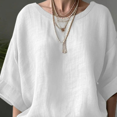 Dames Blouse Oversized Pasvorm Katoen Linnen Ronde Hals Lage Schoudernaden