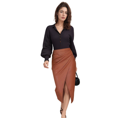 Dames Kokerrok Hoge Taille Midi Lengte Drapering Split Imitatieleer