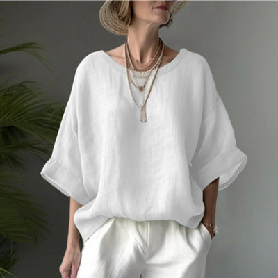 Dames Blouse Oversized Pasvorm Katoen Linnen Ronde Hals Lage Schoudernaden