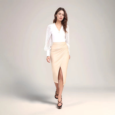Dames Kokerrok Hoge Taille Midi Lengte Drapering Split Imitatieleer