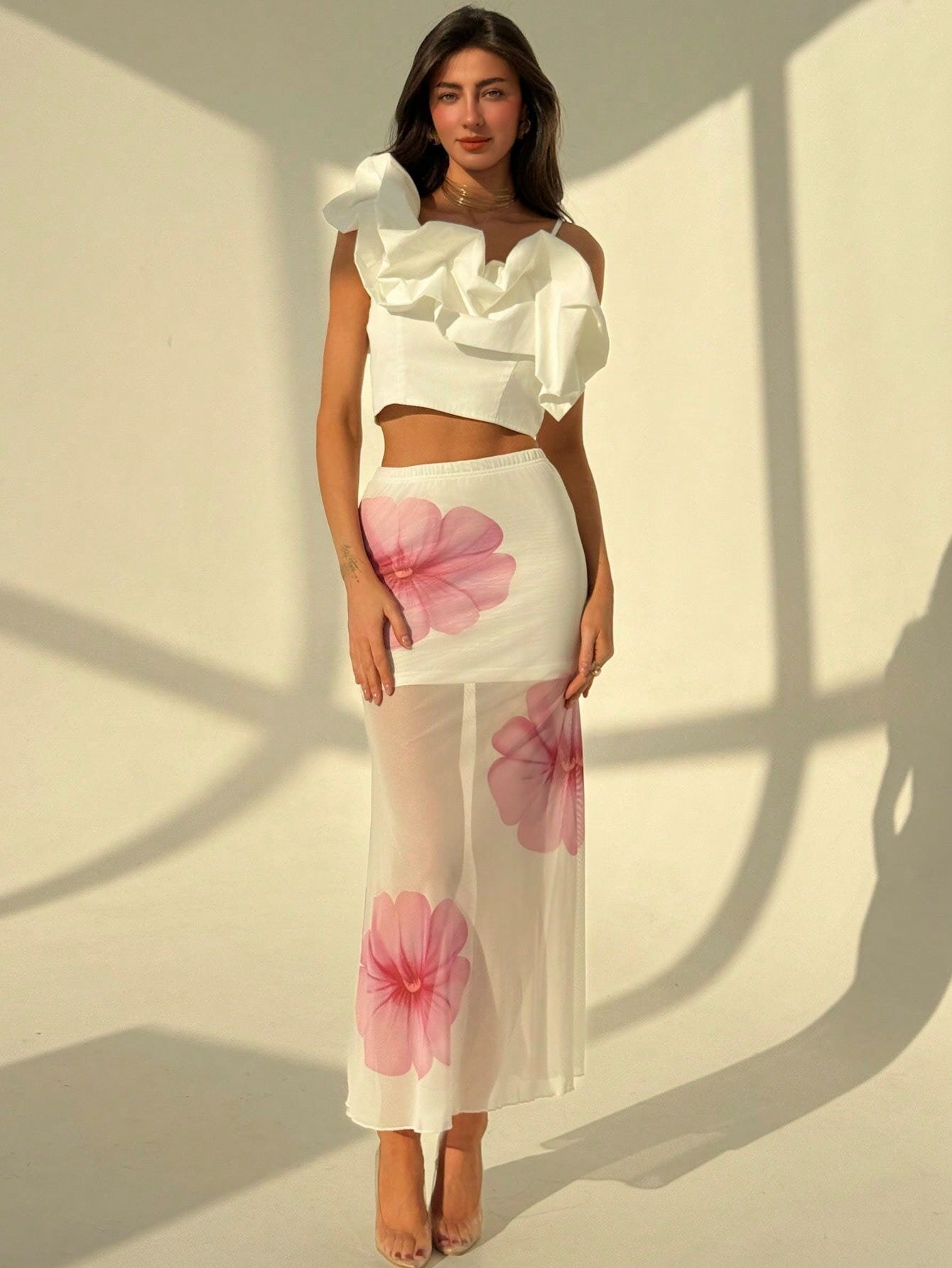 Dames Lange Rok Mesh Stof Mermaid Pasvorm Transparante Bloemenprint Enkel Lengte