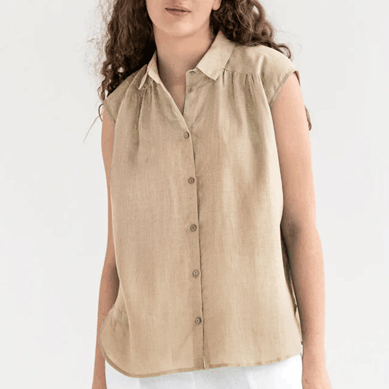 Dames Blouse Zonder Mouwen Katoen Linnen Relaxed Fit Knoopsluiting Kraag