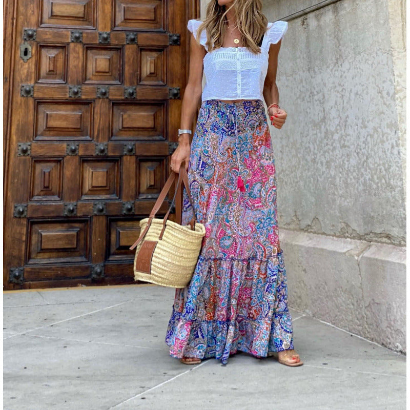 Dames Maxi Rok Bohemian Print Luchtige Pasvorm Gelaagd Design Taillekoord