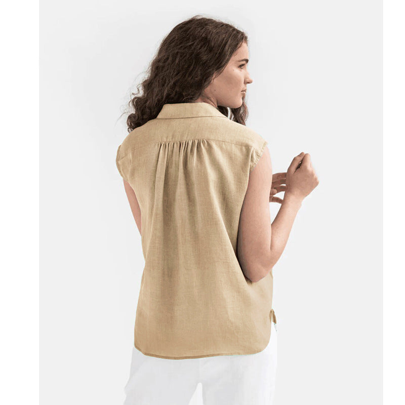 Dames Blouse Zonder Mouwen Katoen Linnen Relaxed Fit Knoopsluiting Kraag